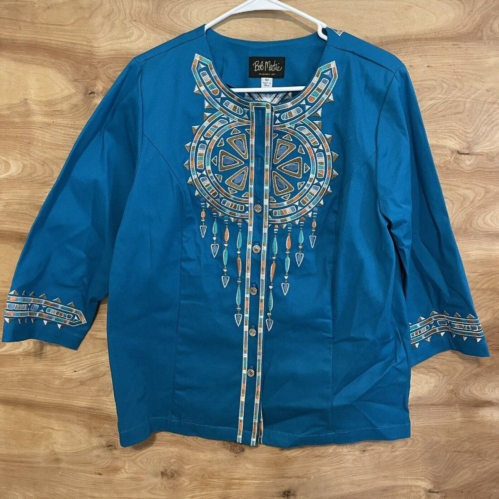 Bob Mackie Wearable Art Heavily Embroidered Southwestern Aztec Blue Jacket Med.